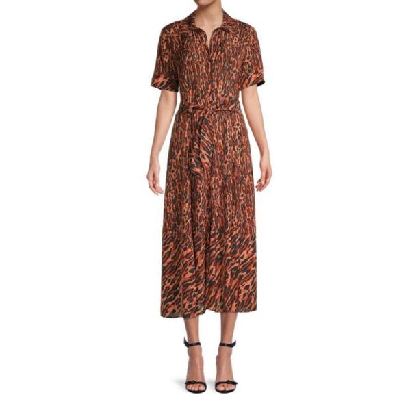 SANDRO Eliza Animal-Print Belted Midi Shirtdress Waist Belted Sz S